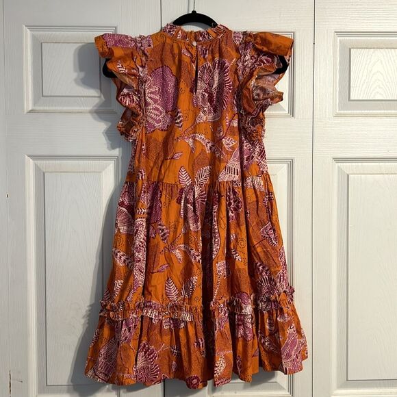 House Of Harlow 1960 Orange Floral Bird Boho Tiered Mini Dress Ruffle Small - Picture 4 of 7
